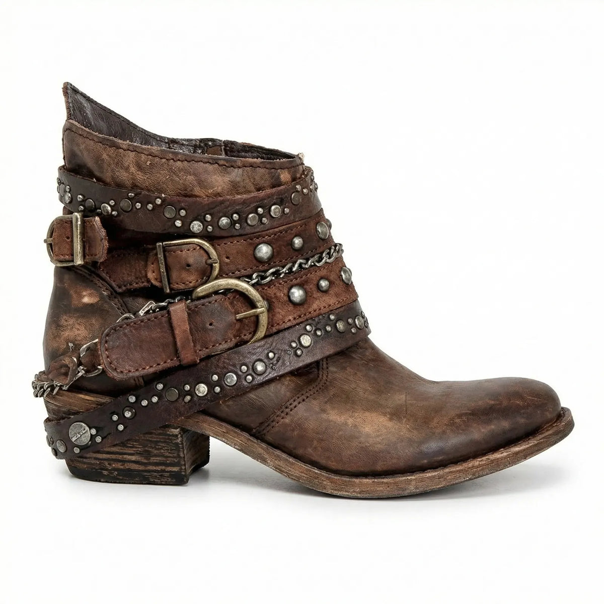 Brown Women's Studded Ankle Boots with Buckle Straps & Chain Detail — Arabella