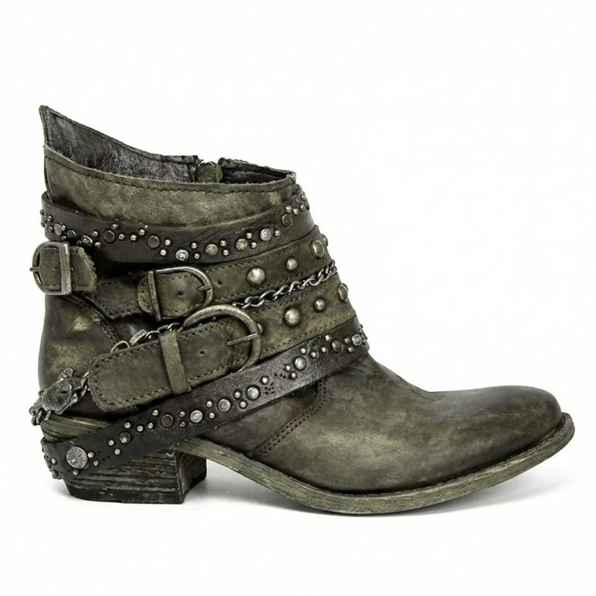 Green Women's Studded Ankle Boots with Buckle Straps & Chain Detail — Arabella