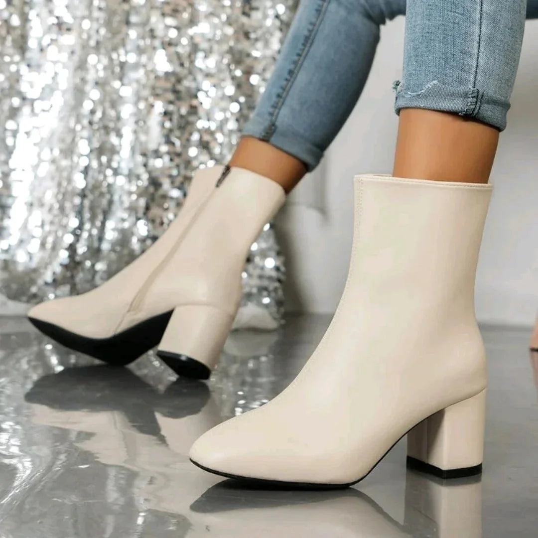Beige Women's Suede Ankle Boots with Block Heel & Side Zipper - Walking Side