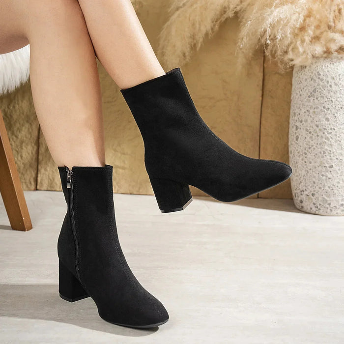 Women's Suede Ankle Boots with Block Heel & Side Zipper - Sitting Dangle