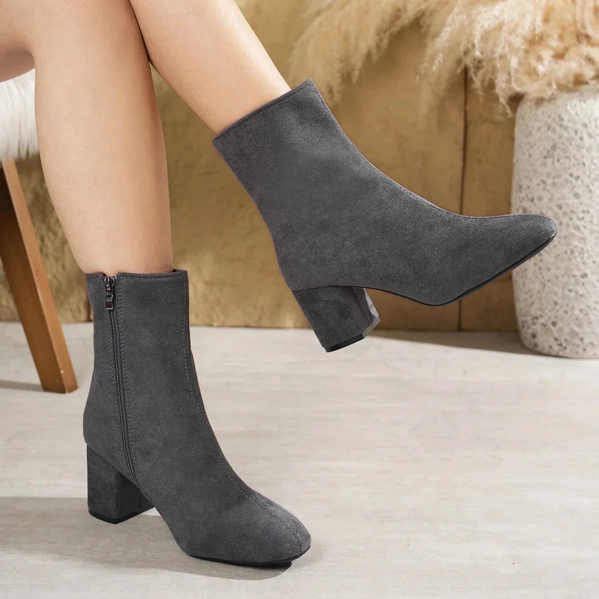 Gray Women's Suede Ankle Boots with Block Heel & Side Zipper - Sitting Dangle