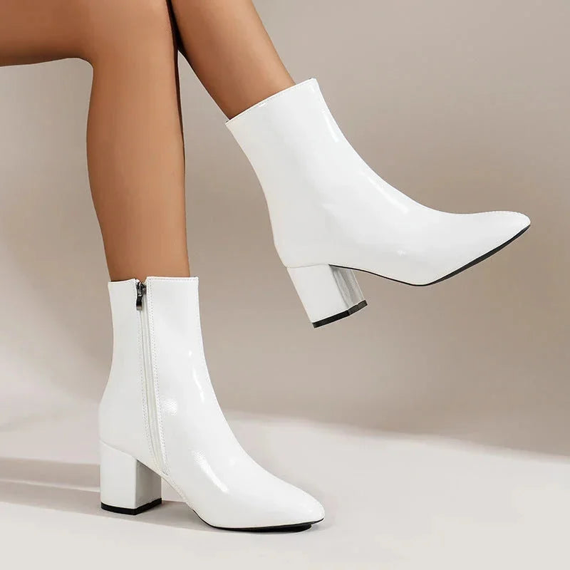 White Women's Suede Ankle Boots with Block Heel & Side Zipper - Dangle Pose