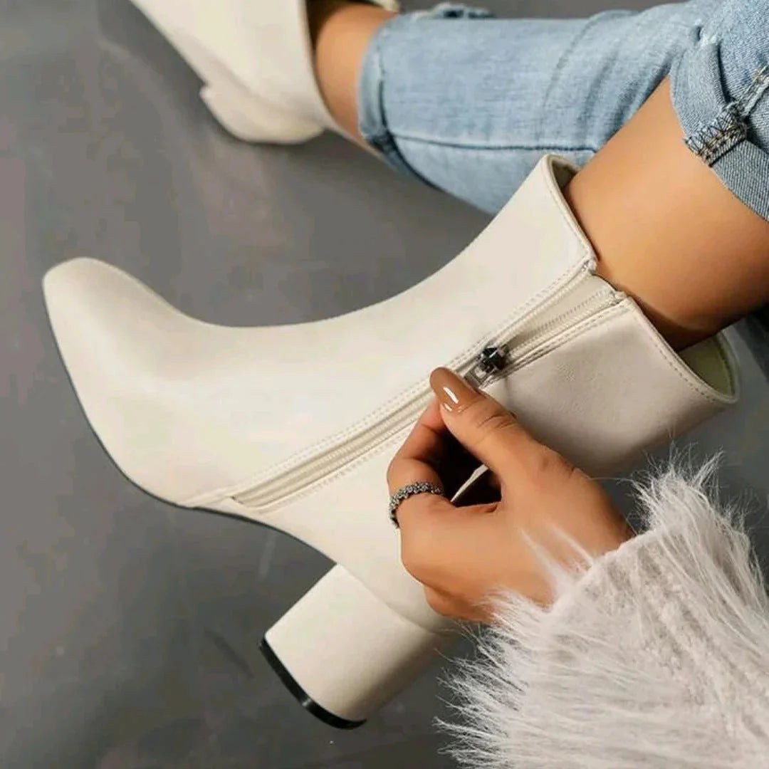 Women's Suede Ankle Boots with Block Heel & Side Zipper - Zipper Close Up