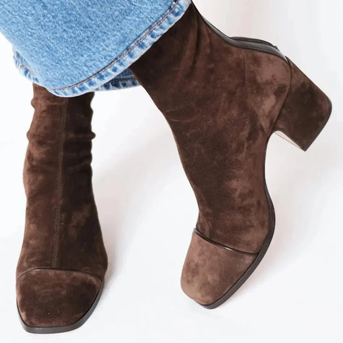 Brown Women's Suede Block Heel Ankle Boots with Square Toe & Sleek Shaft - Crossed Ankles Pose