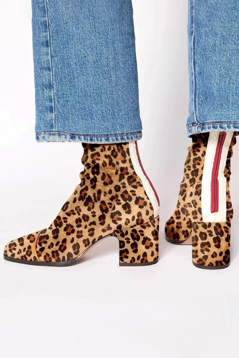 Leopard Print Women's Suede Block Heel Ankle Boots with Square Toe & Sleek Shaft - Print Back Pose Stripe Detail