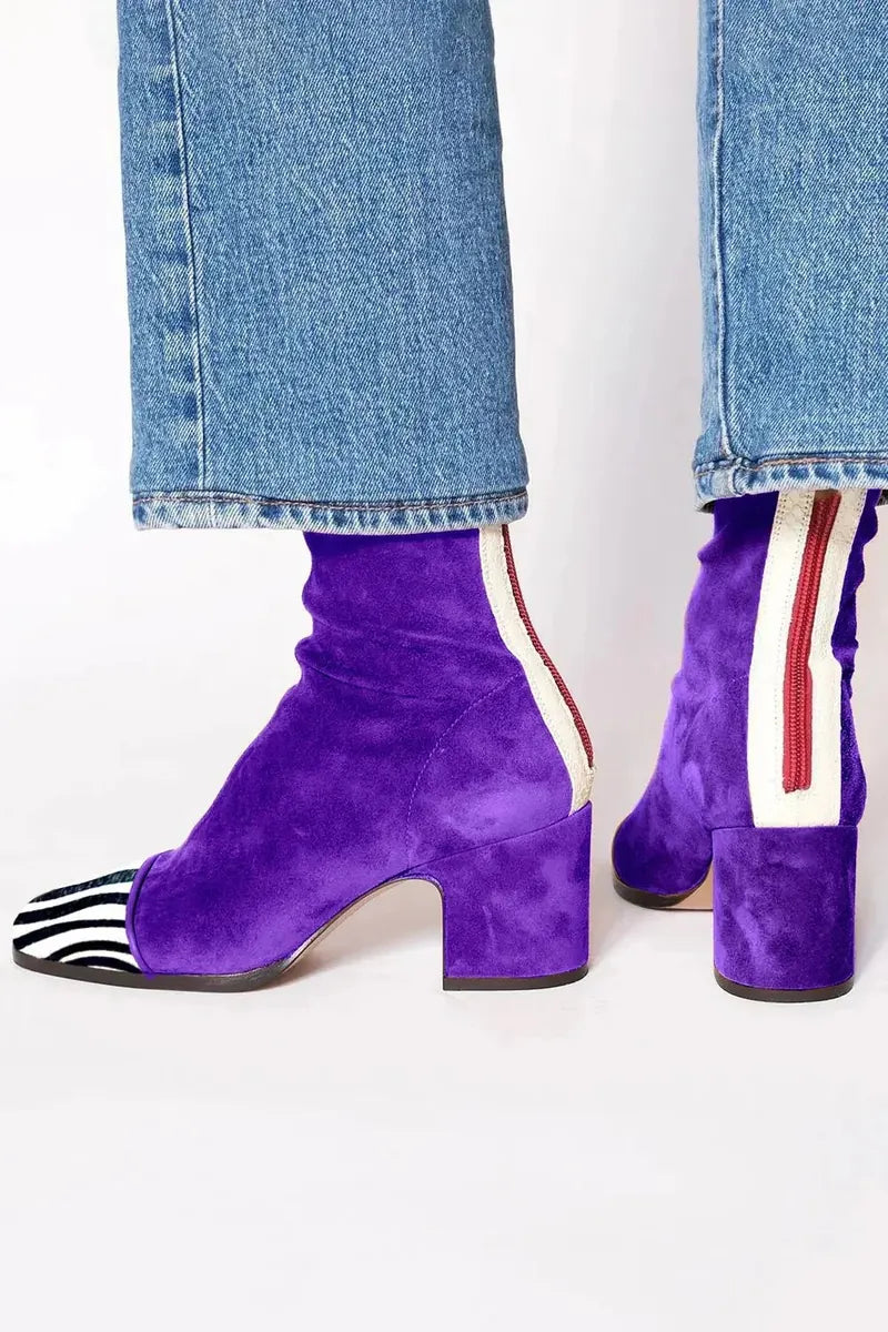 Purple Women's Suede Block Heel Ankle Boots with Square Toe & Sleek Shaft - Back Pose Zipper