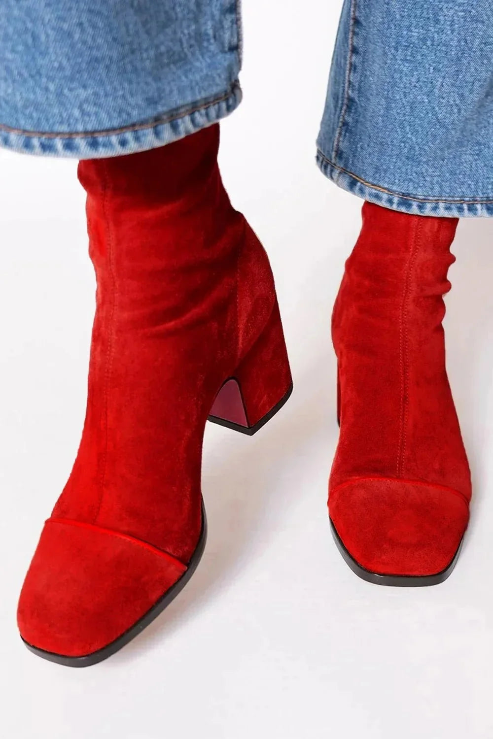 Women's Suede Block Heel Ankle Boots with Square Toe & Sleek Shaft - Front Close Up
