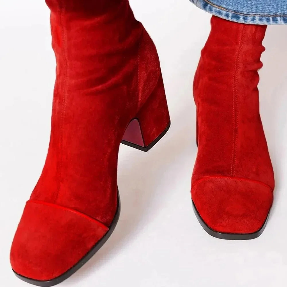 Red Women's Suede Block Heel Ankle Boots with Square Toe & Sleek Shaft - Front Pair Walking