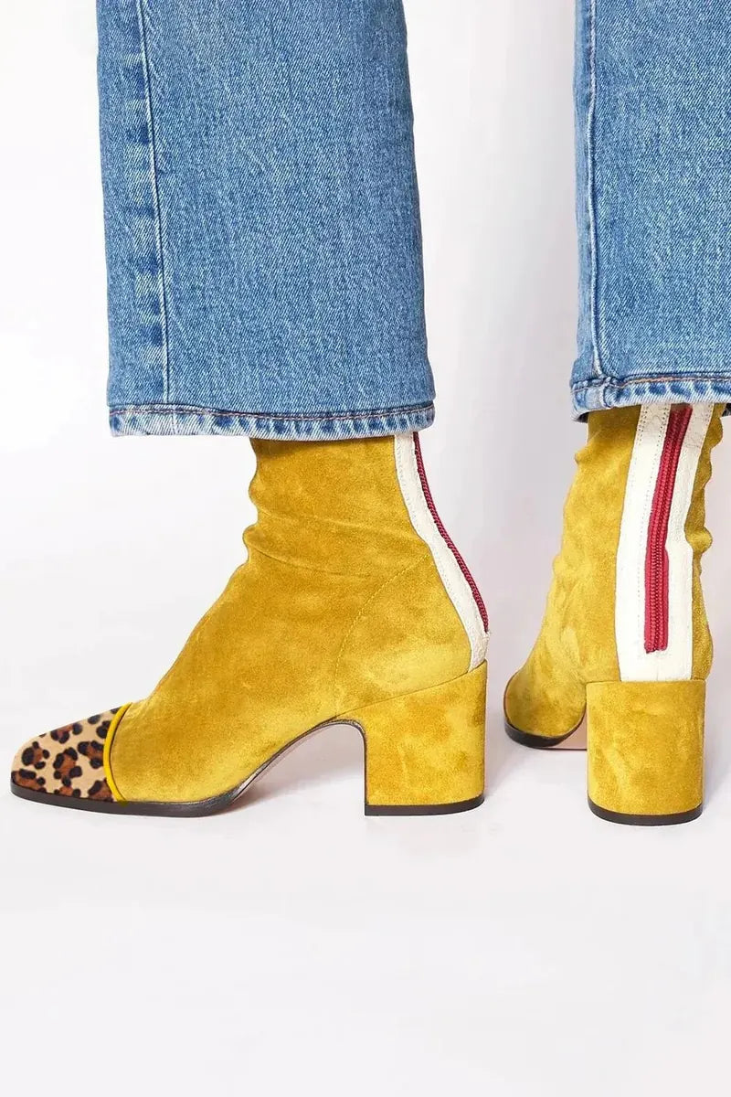 Women's Suede Block Heel Ankle Boots with Square Toe & Sleek Shaft - Back Close Up