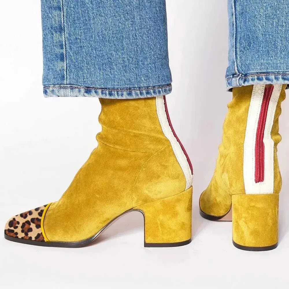 Yellow Women's Suede Block Heel Ankle Boots with Square Toe & Sleek Shaft - Back Pose Leopard Toe