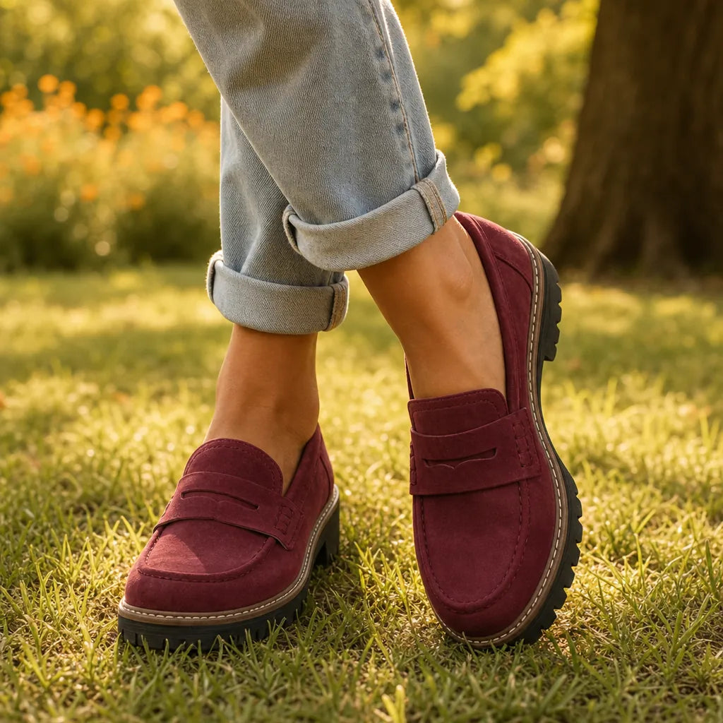 Wine Women's Suede Chunky Platform Comfort Loafers — Elsie Slip-On - Red Worn Lifestyle Outdoor