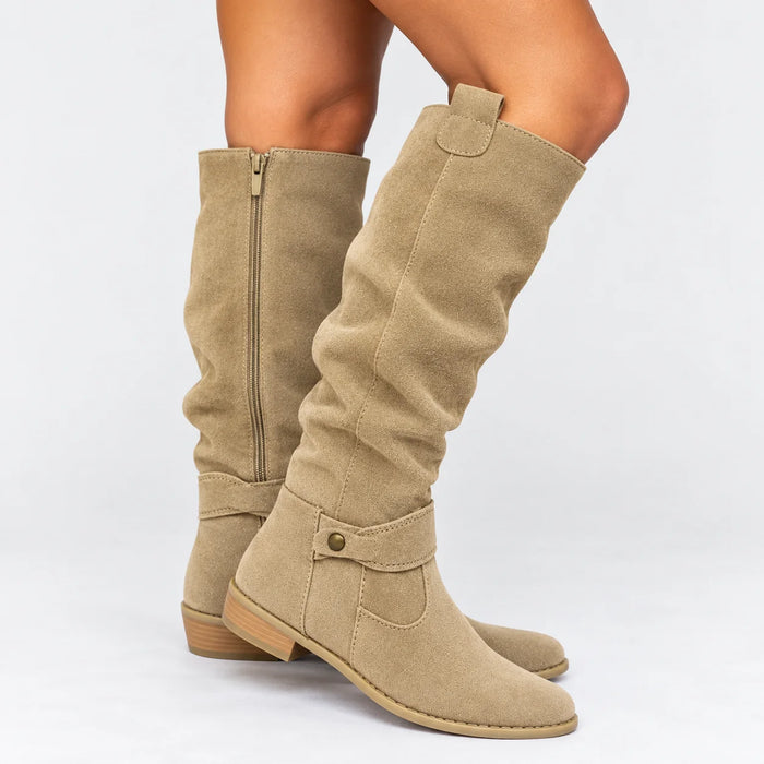 Beige Women's Suede Knee High Boots with Low Block Heel & Ankle Buckle