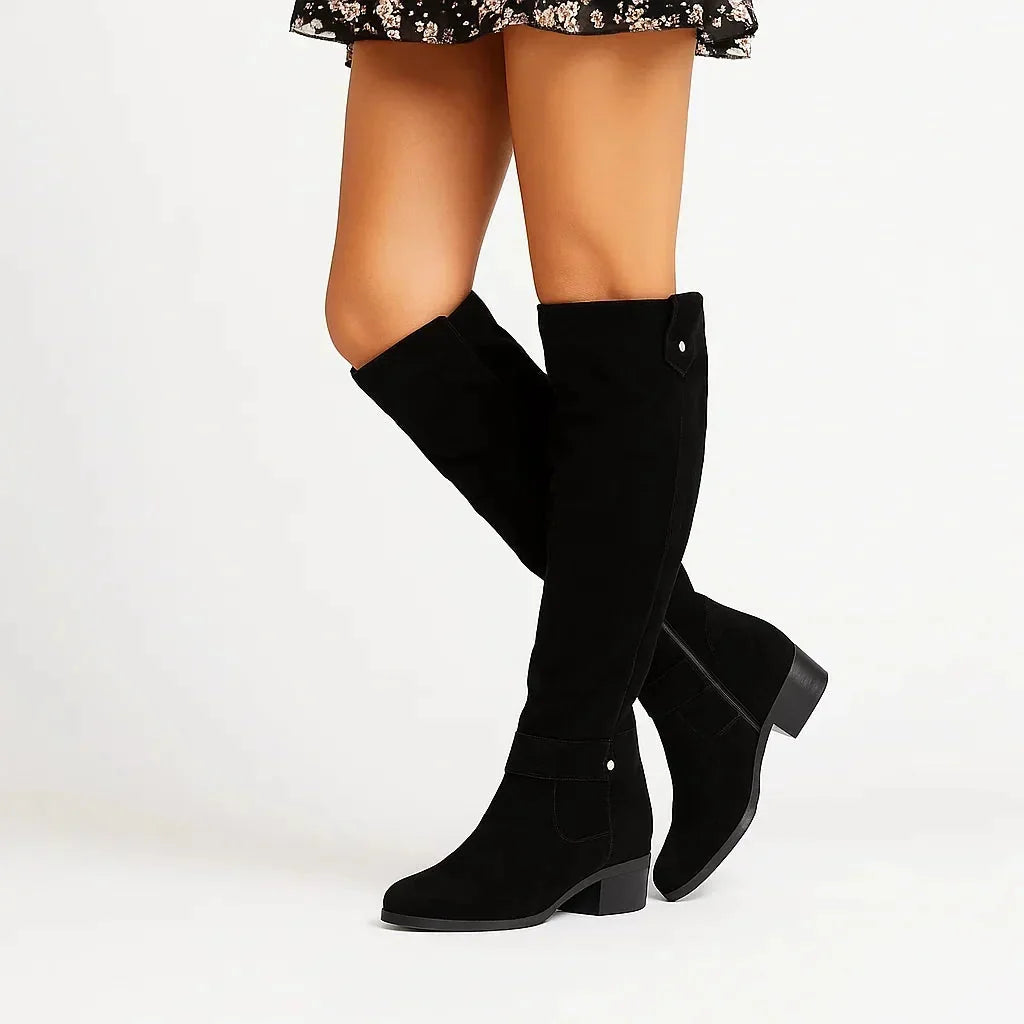Black Women's Suede Knee High Boots with Low Block Heel & Ankle Buckle