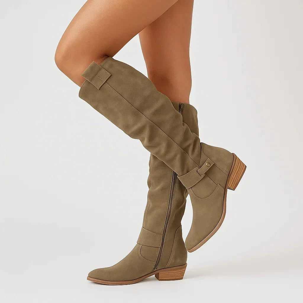 Dark Green Women's Suede Knee High Boots with Low Block Heel & Ankle Buckle