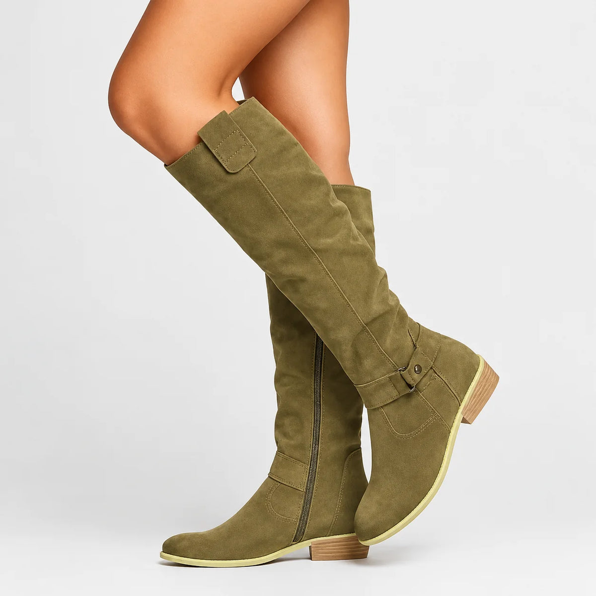 Green Women's Suede Knee High Boots with Low Block Heel & Ankle Buckle