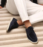 Dark Blue Men's Suede Lace-Up Loafers with Cushioned Comfort Sole