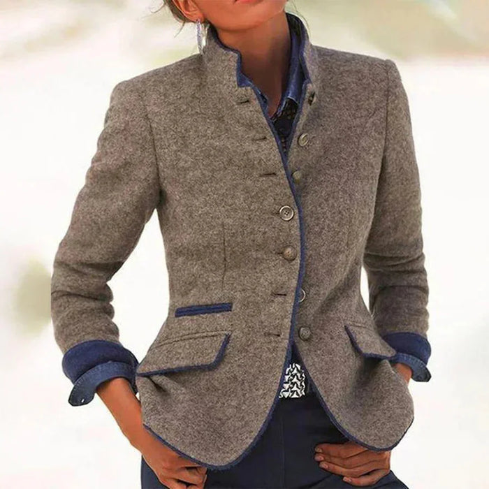 Brown Women's Brown Blazer with Stand Collar & Contrast Trim - Worn Front Close
