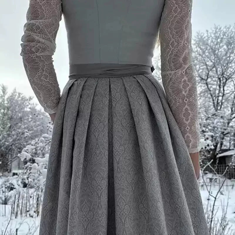Silver Women's Dirndl Dress with Long Lace Sleeves & Tailored Waist - Back Pleated Skirt