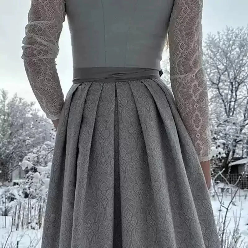 Silver Women's Dirndl Dress with Long Lace Sleeves & Tailored Waist - Back Skirt Detail