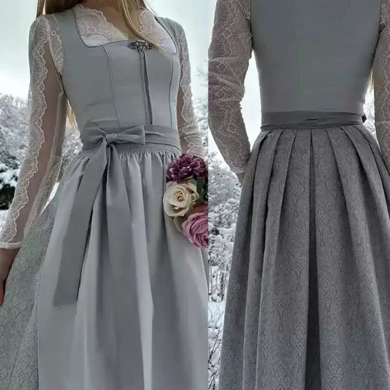 Silver Women's Dirndl Dress with Long Lace Sleeves & Tailored Waist - Collage Detail View
