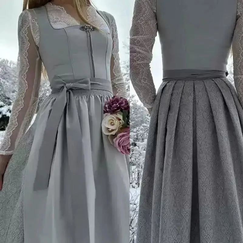 Silver Women's Dirndl Dress with Long Lace Sleeves & Tailored Waist - Front And Back Collage