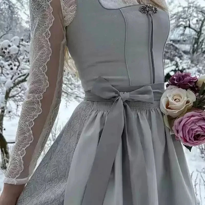 Silver Women's Dirndl Dress with Long Lace Sleeves & Tailored Waist - Front Bodice Close Up