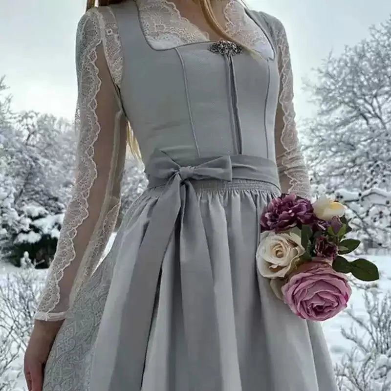 Silver Women's Dirndl Dress with Long Lace Sleeves & Tailored Waist - Front Torso Pose