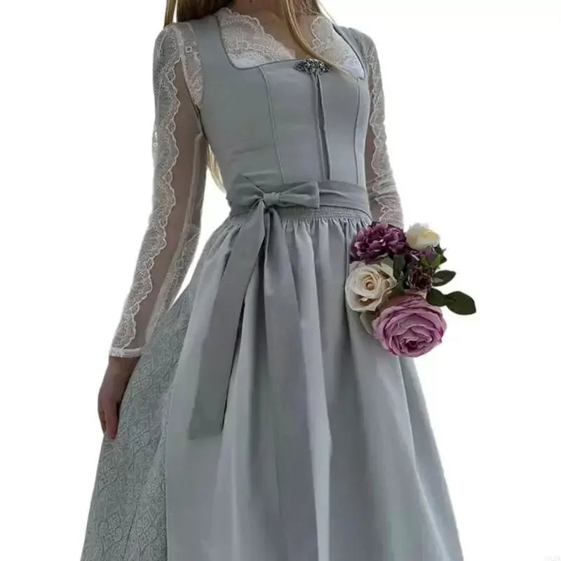 Silver Women's Dirndl Dress with Long Lace Sleeves & Tailored Waist - Studio Full Front