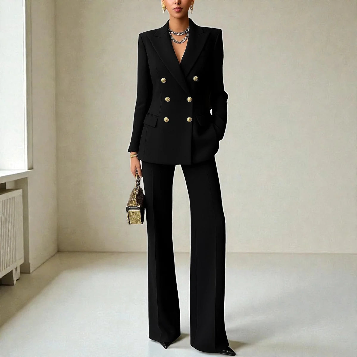 Black Women's Tailored Suit Set with Double-Breasted Blazer & Wide-Leg Pants