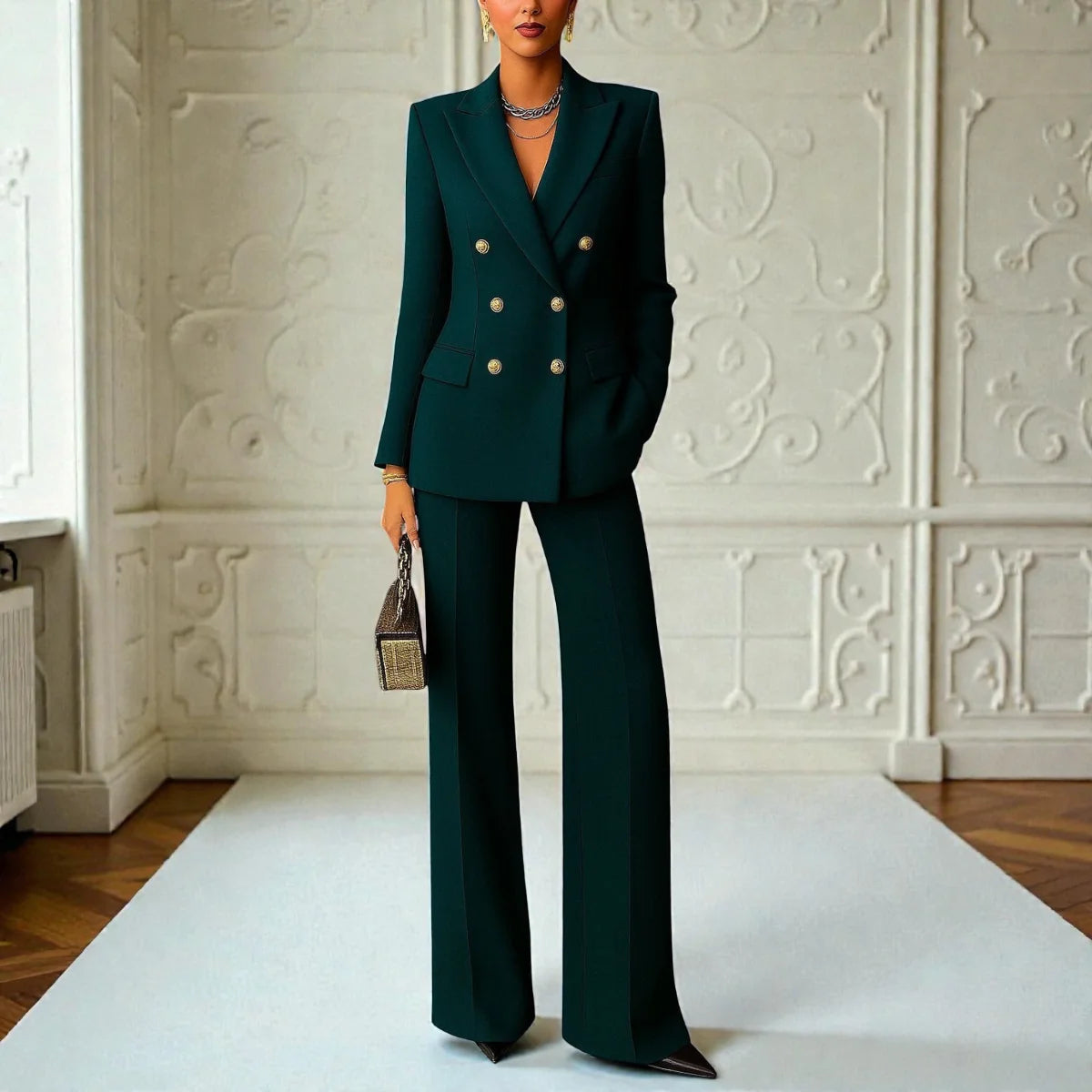 Blue Women's Tailored Suit Set with Double-Breasted Blazer & Wide-Leg Pants