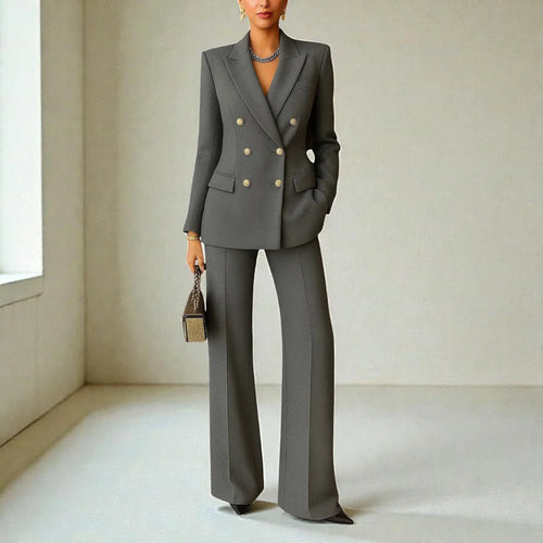 Grey Women's Tailored Suit Set with Double-Breasted Blazer & Wide-Leg Pants