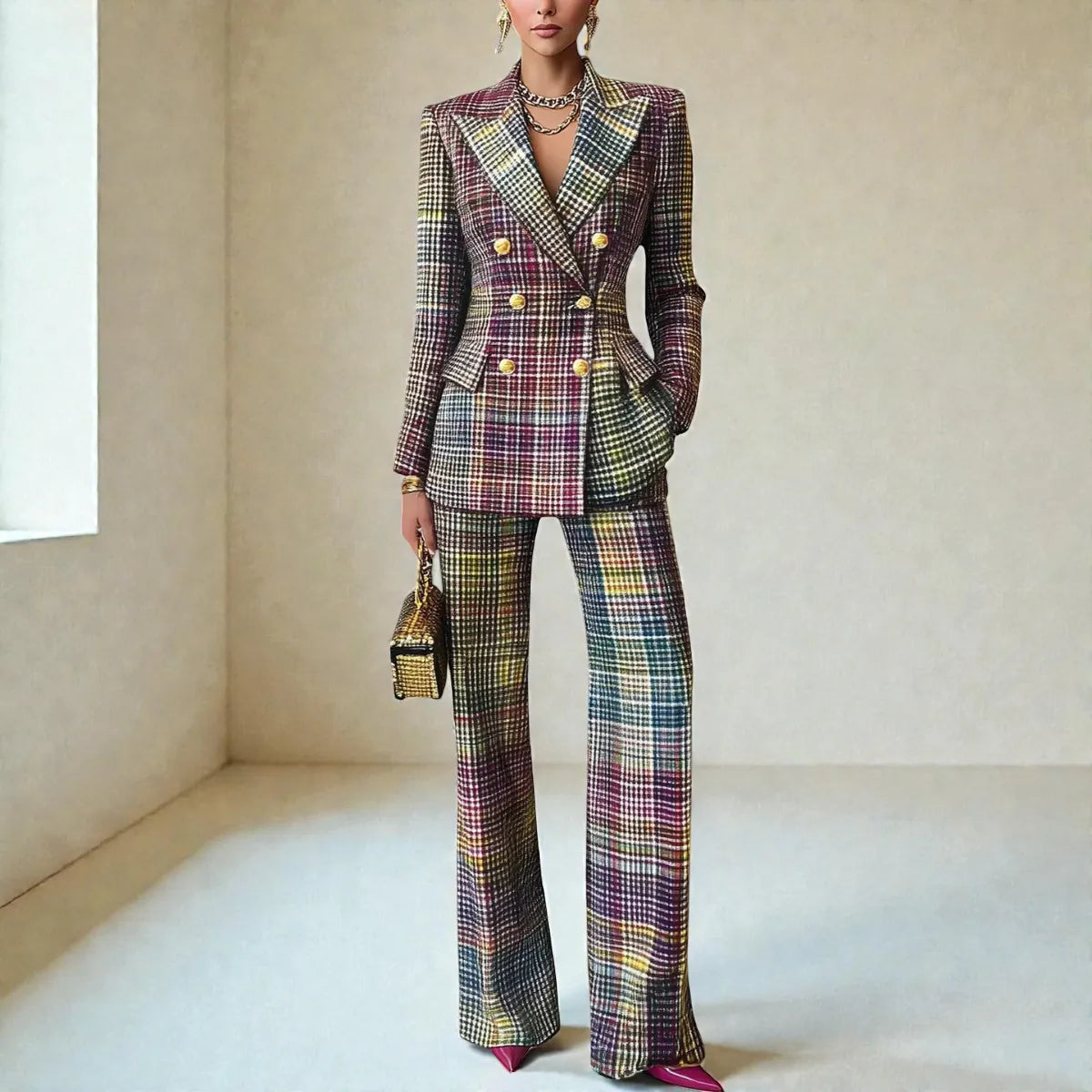 Multicolor Women's Tailored Suit Set with Double-Breasted Blazer & Wide-Leg Pants - Front Full Pattern