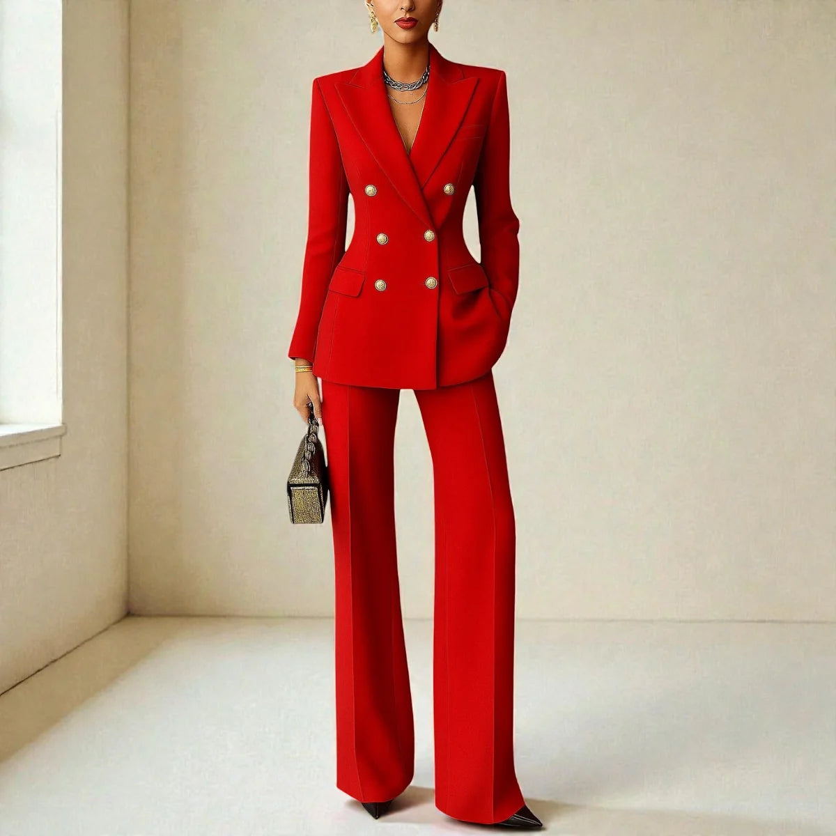 Red Women's Tailored Suit Set with Double-Breasted Blazer & Wide-Leg Pants