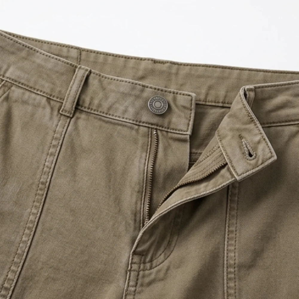 Women's Utility Pants with Tapered Ankle Fit & Cargo Pocket - Khaki Close Up Zipper Button