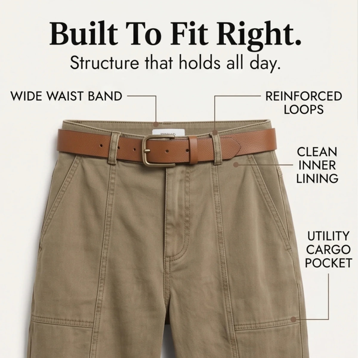 Women's Utility Pants with Tapered Ankle Fit & Cargo Pocket - Khaki Flat Waistband Infographic