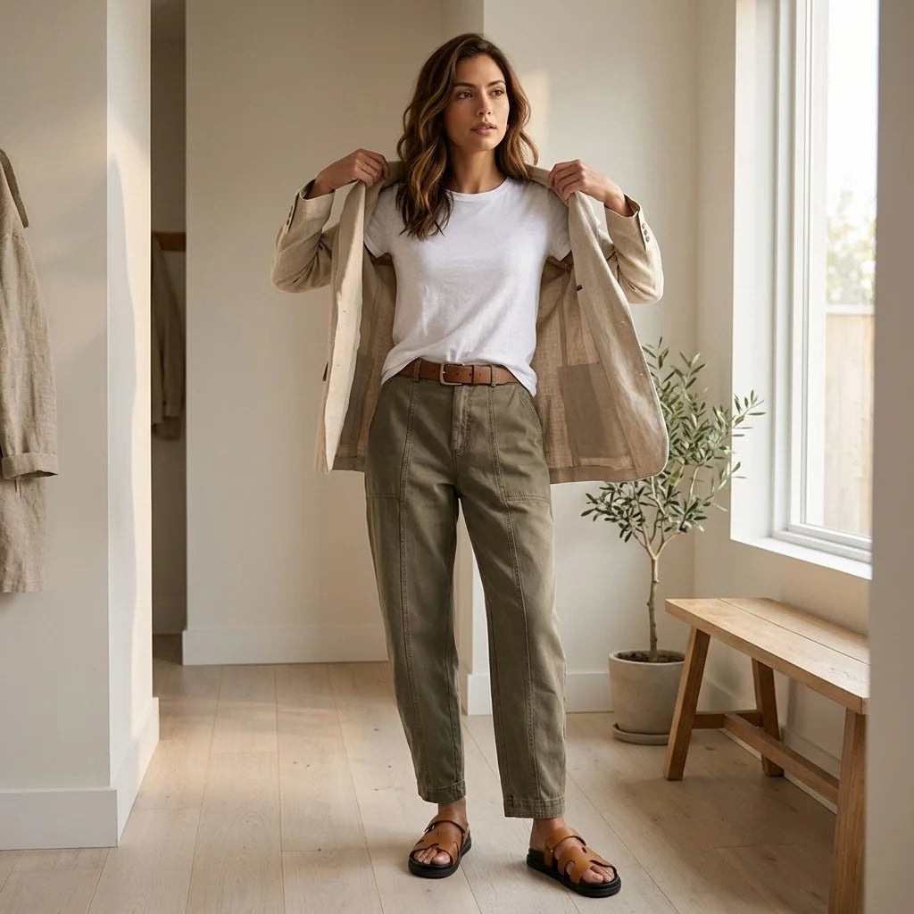 Women's Utility Pants with Tapered Ankle Fit & Cargo Pocket - Khaki Jacket Layering Pose