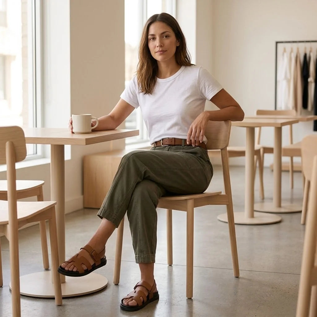 Women's Utility Pants with Tapered Ankle Fit & Cargo Pocket - Khaki Seated Cafe Pose