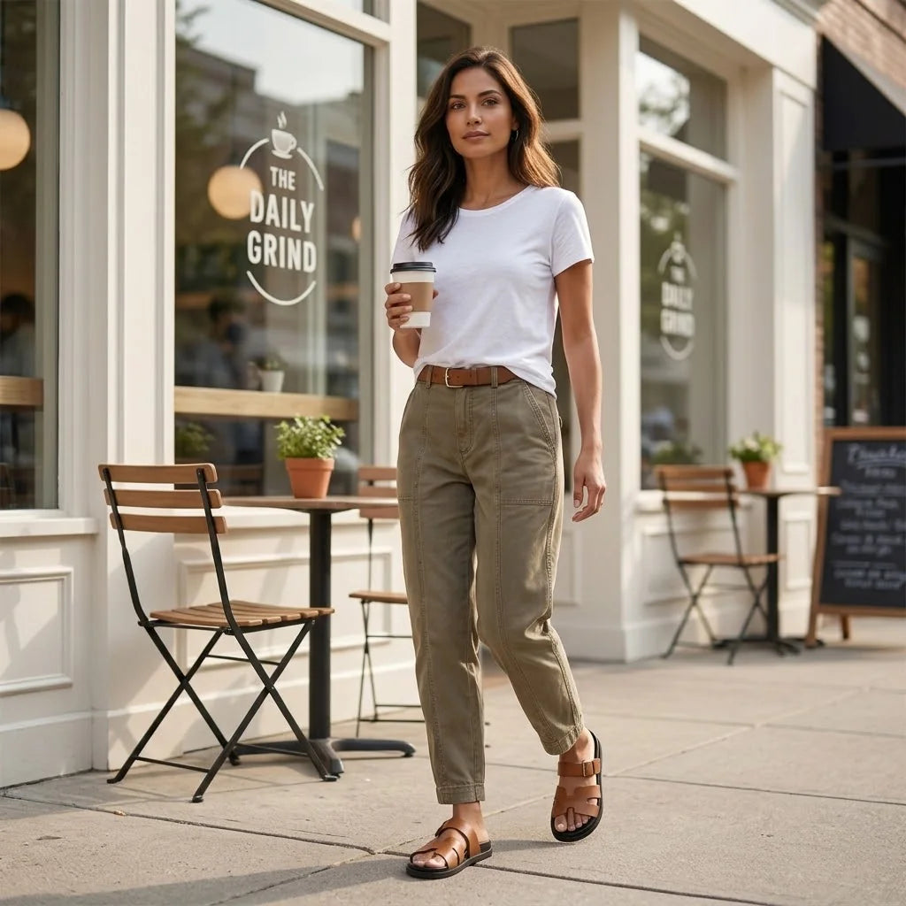 Women's Utility Pants with Tapered Ankle Fit & Cargo Pocket - Khaki Street Walking Coffee