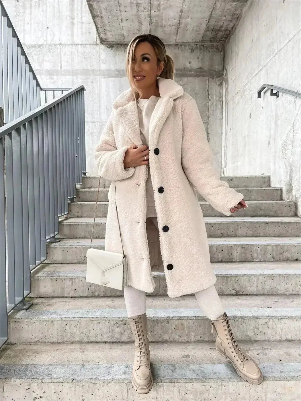 Beige Women's Coat with Button-Front Closure & Notched Collar