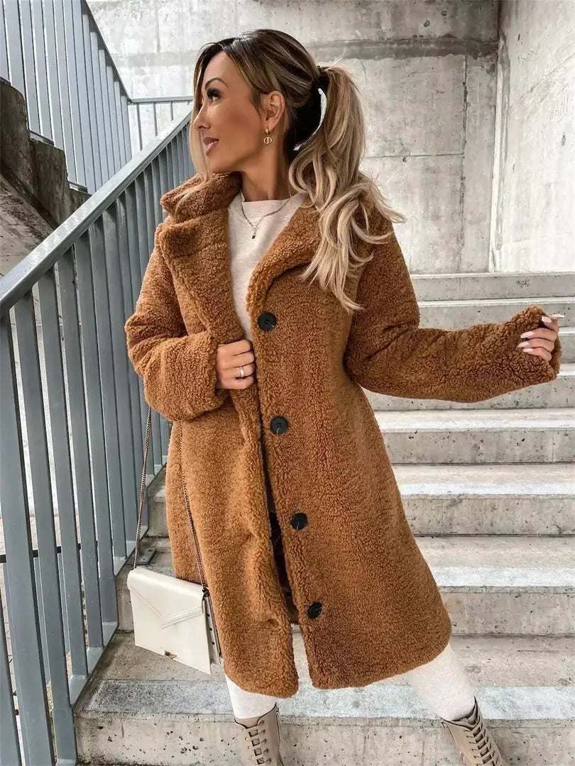 Brown Women's Coat with Button-Front Closure & Notched Collar