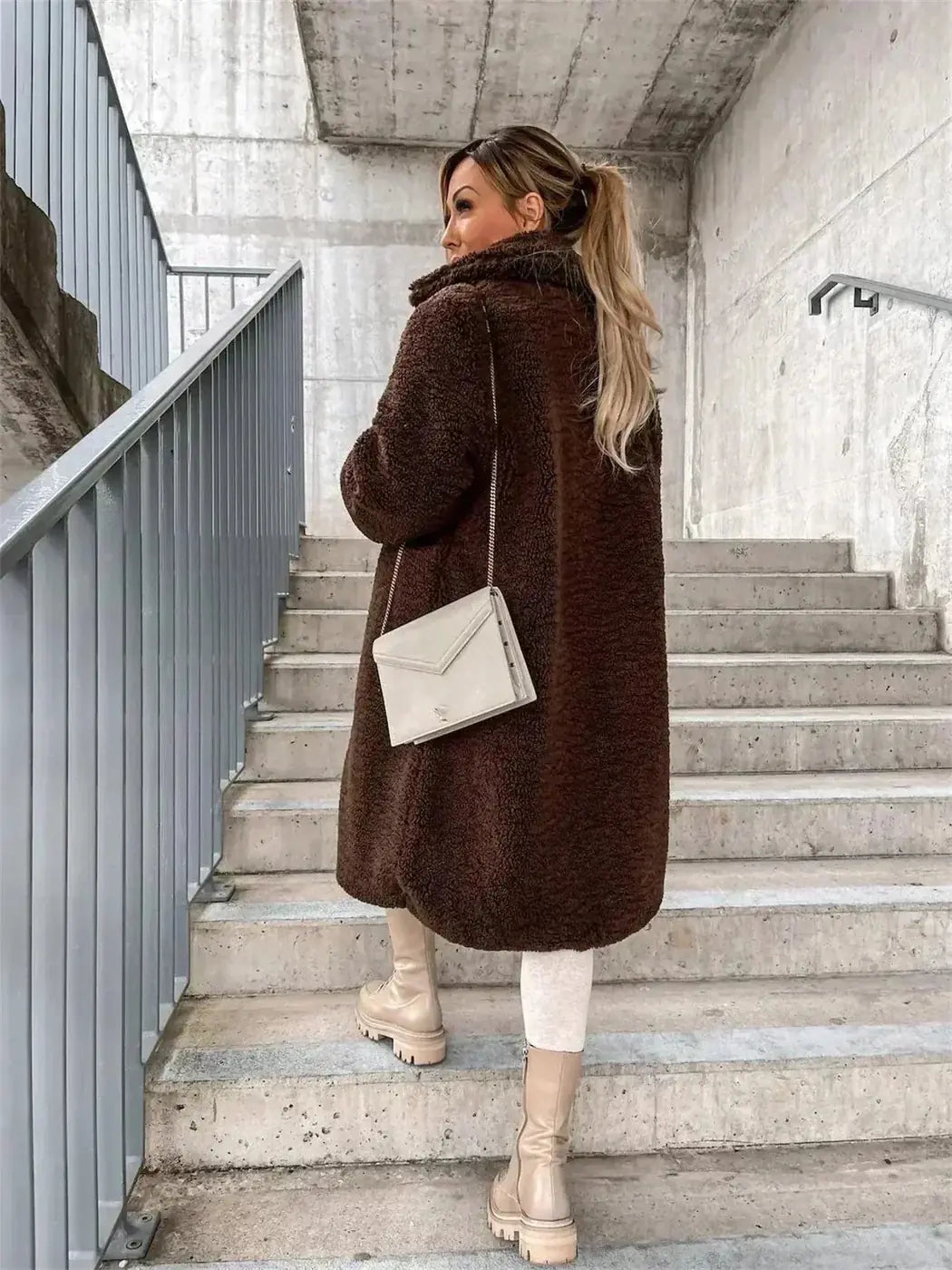 Dark Brown Women's Coat with Button-Front Closure & Notched Collar - Back Detail