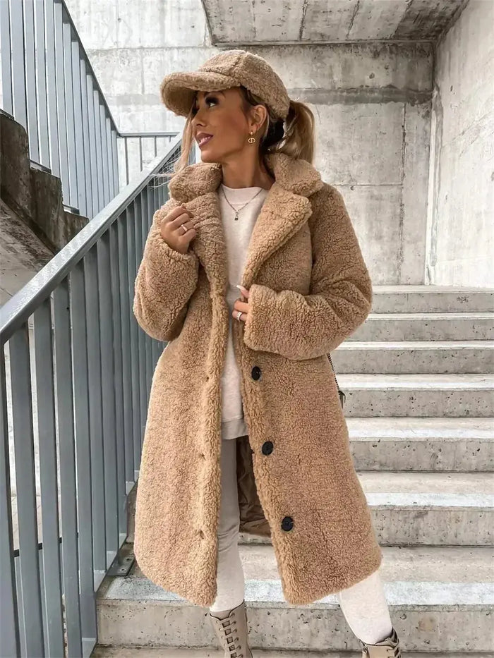 Light Brown Women's Coat with Button-Front Closure & Notched Collar - Front Pose With Hat