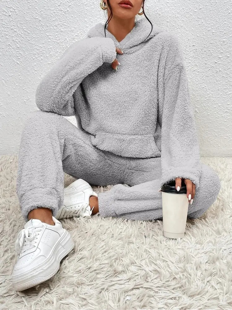 Grey Women's Tracksuit with Hooded Pullover & Relaxed Fit — Helena - Floor Seated Coffee
