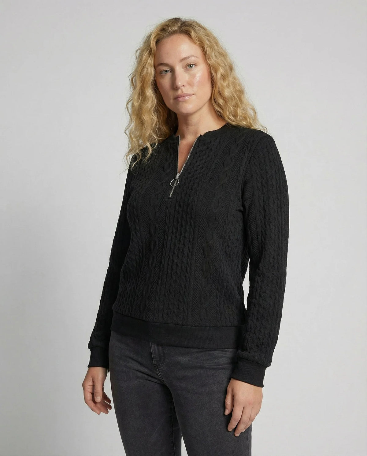 Women's Textured Half-Zip Sweatshirt with Ribbed Cuffs - Studio Portrait