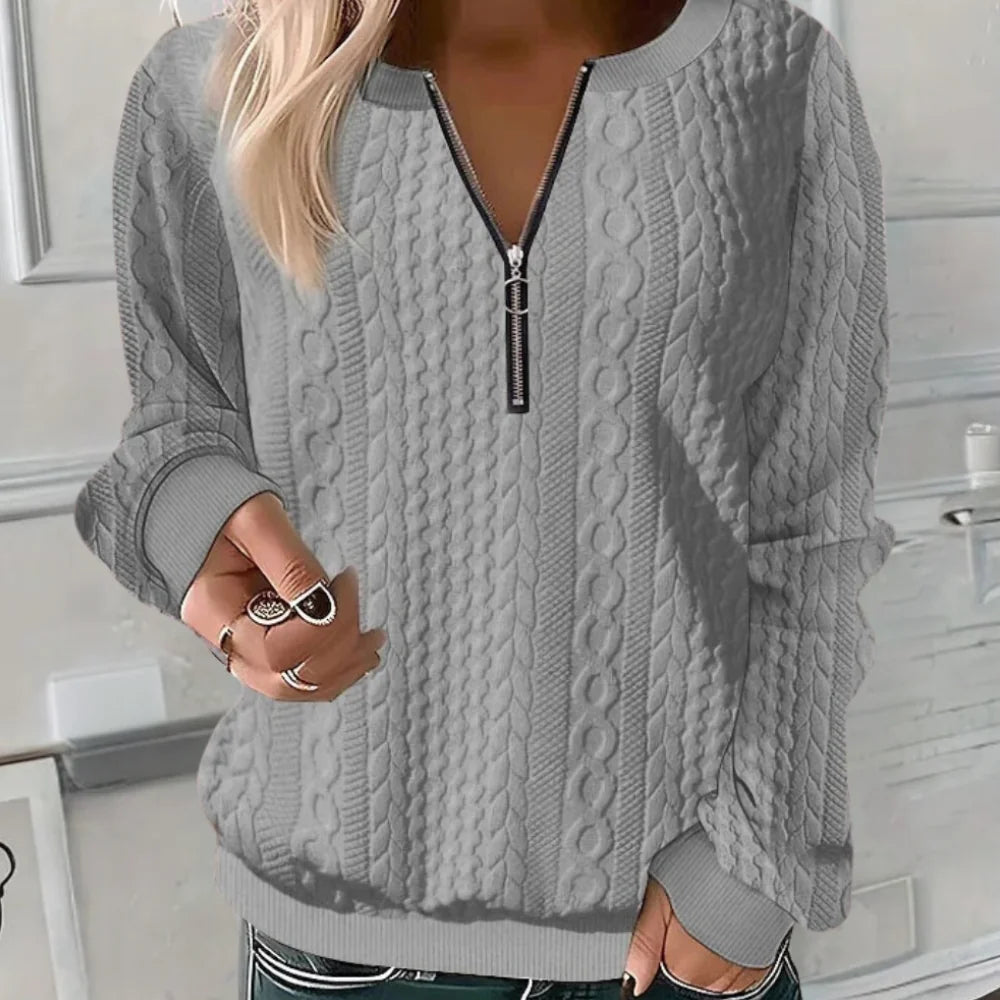 Gray Women's Textured Half-Zip Sweatshirt with Ribbed Cuffs