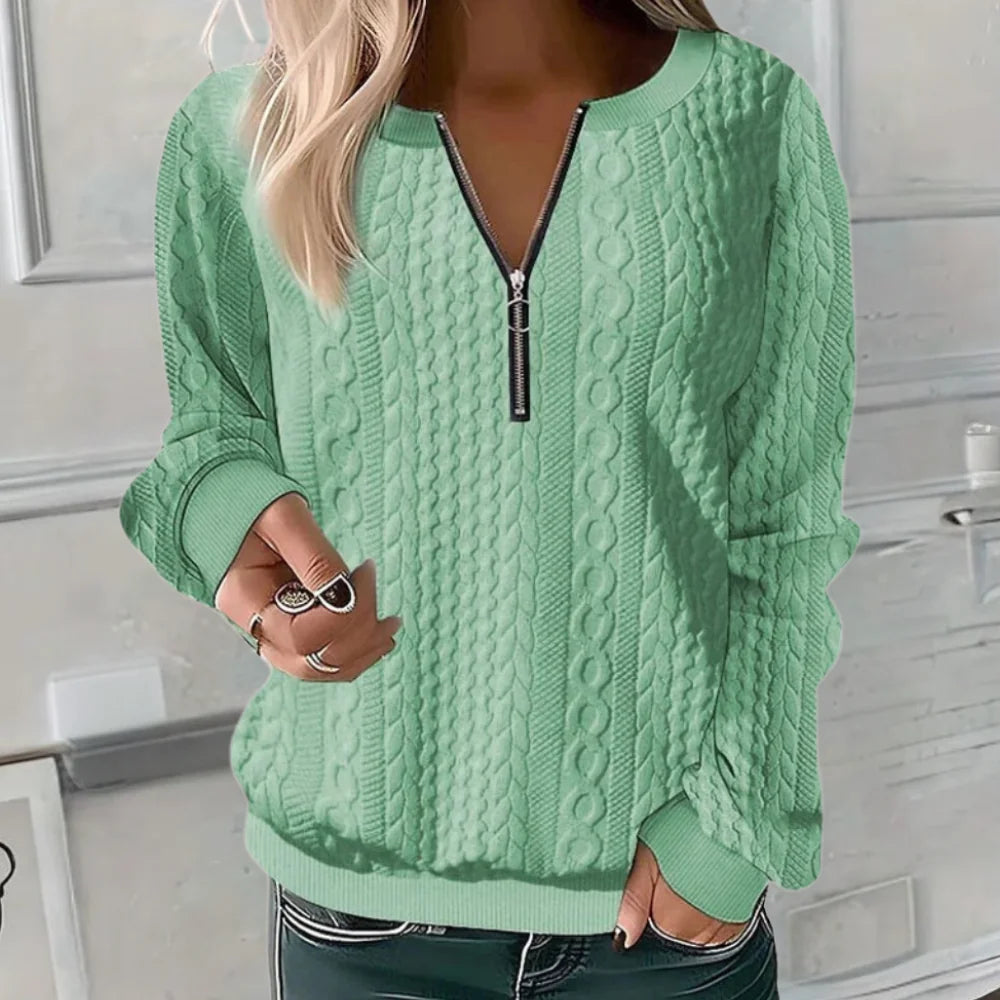 Green Women's Textured Half-Zip Sweatshirt with Ribbed Cuffs