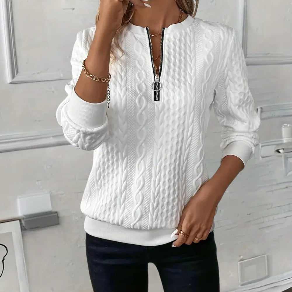 White Women's Textured Half-Zip Sweatshirt with Ribbed Cuffs