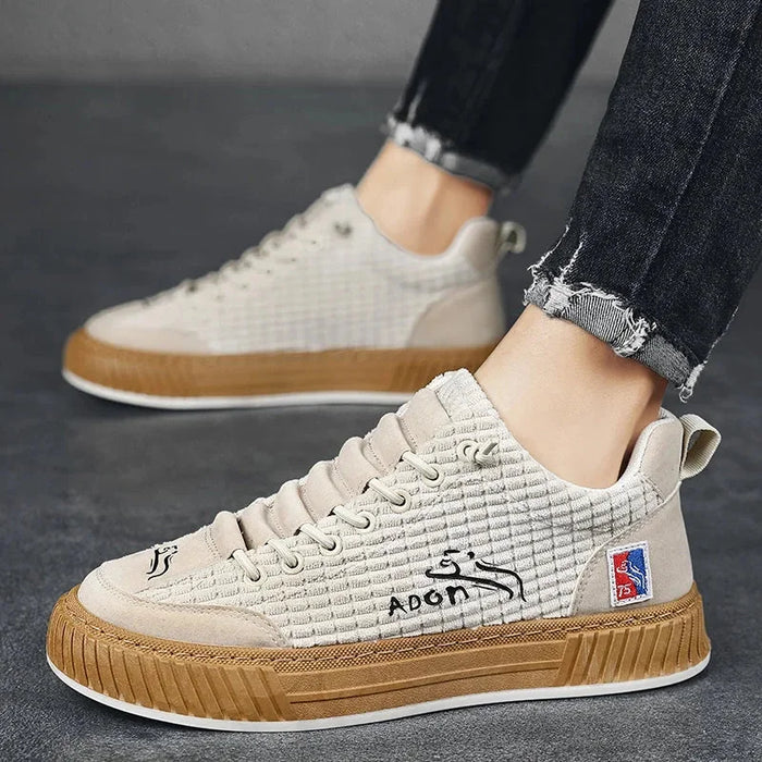 White Women's Low Top Sneakers with Textured Lace-Up Design & Pull Tab - Side Profile