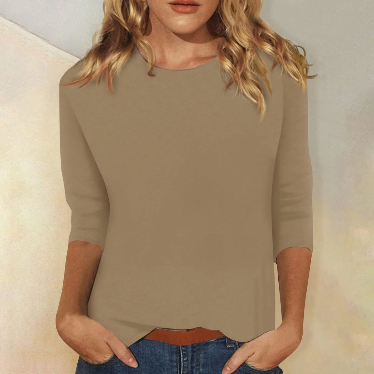 Grey Women's Casual Top with Round Neckline & Three-Quarter Sleeves — Samantha - Chest View