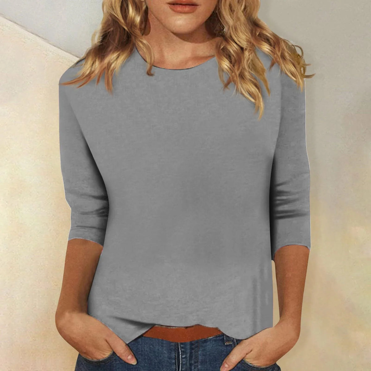 Grey Women's Casual Top with Round Neckline & Three-Quarter Sleeves — Samantha